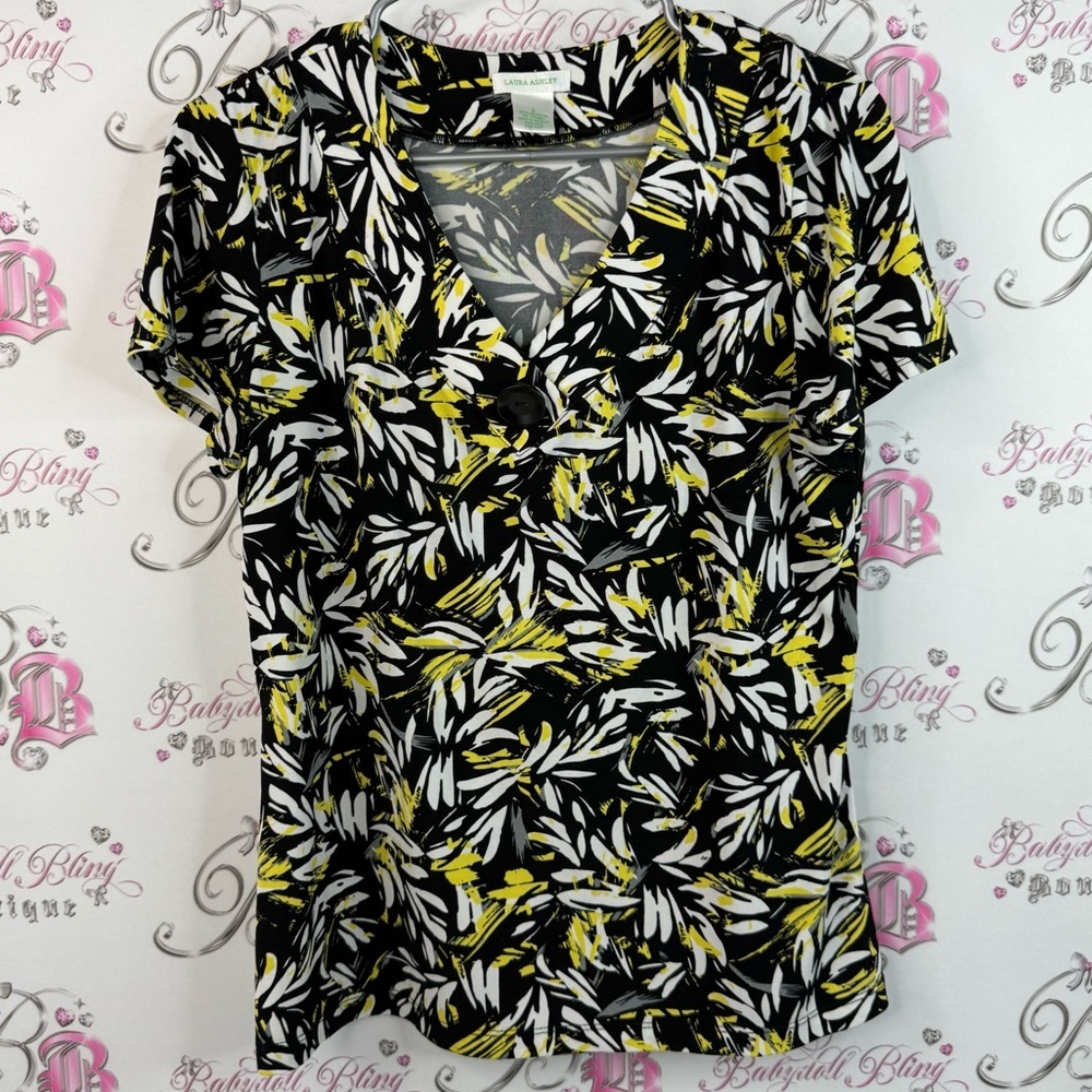 Laura Ashley T-shirt abstract Black and Yellow Floral V-Neck Top